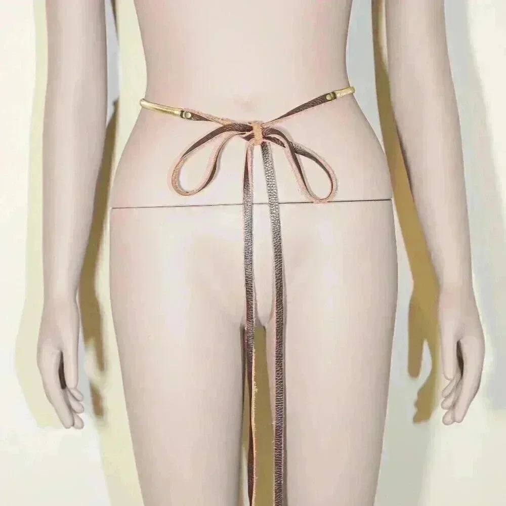 Boho Chic‎ Brown Gold Snake Leather Skinny Belt One Size Handmade Leather Belt